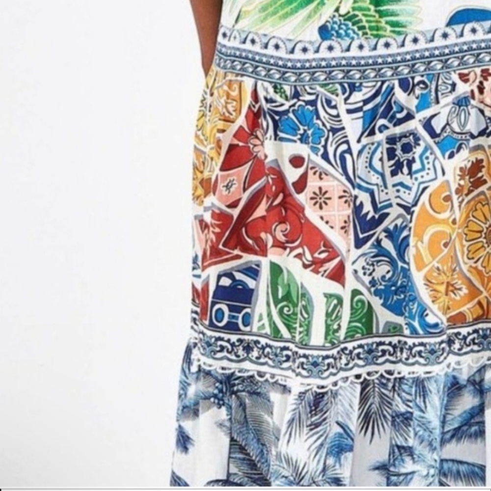 SOLD. NWT Farm Rio Tiered Blue Tiles Mixed Print Dress Medium - Picture 5 of 10